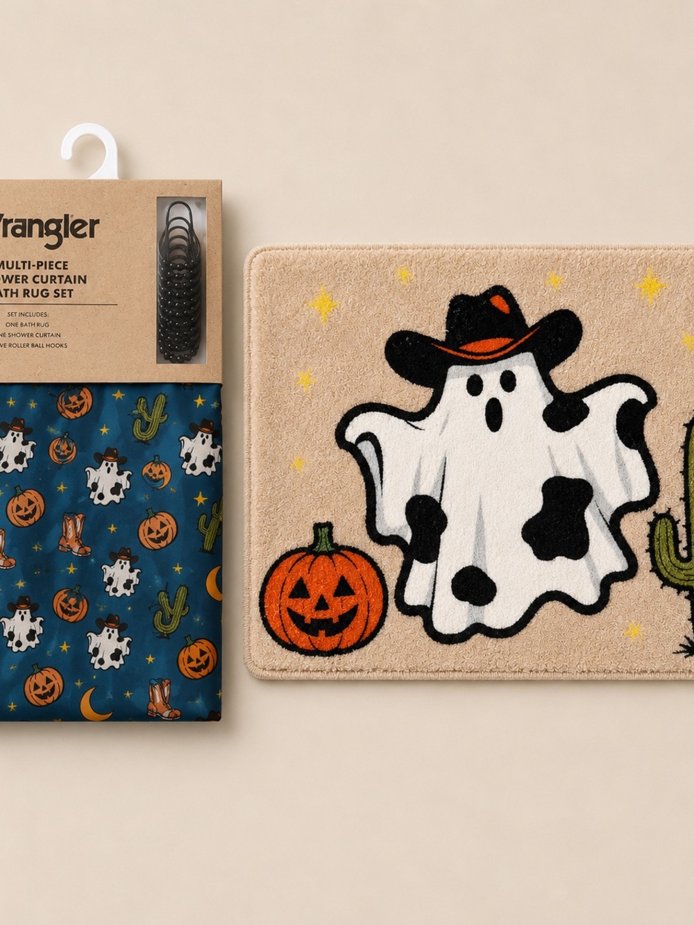 Wrangler Beige Halloween Ghost Door Mat with Pumpkin and Cowboy Hat